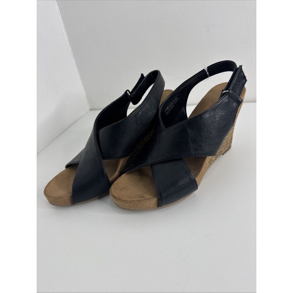 Women's Sz 7.5 Wedge Sandals Jute Wrapped Wedge Black Faux Leather Hook Loop
